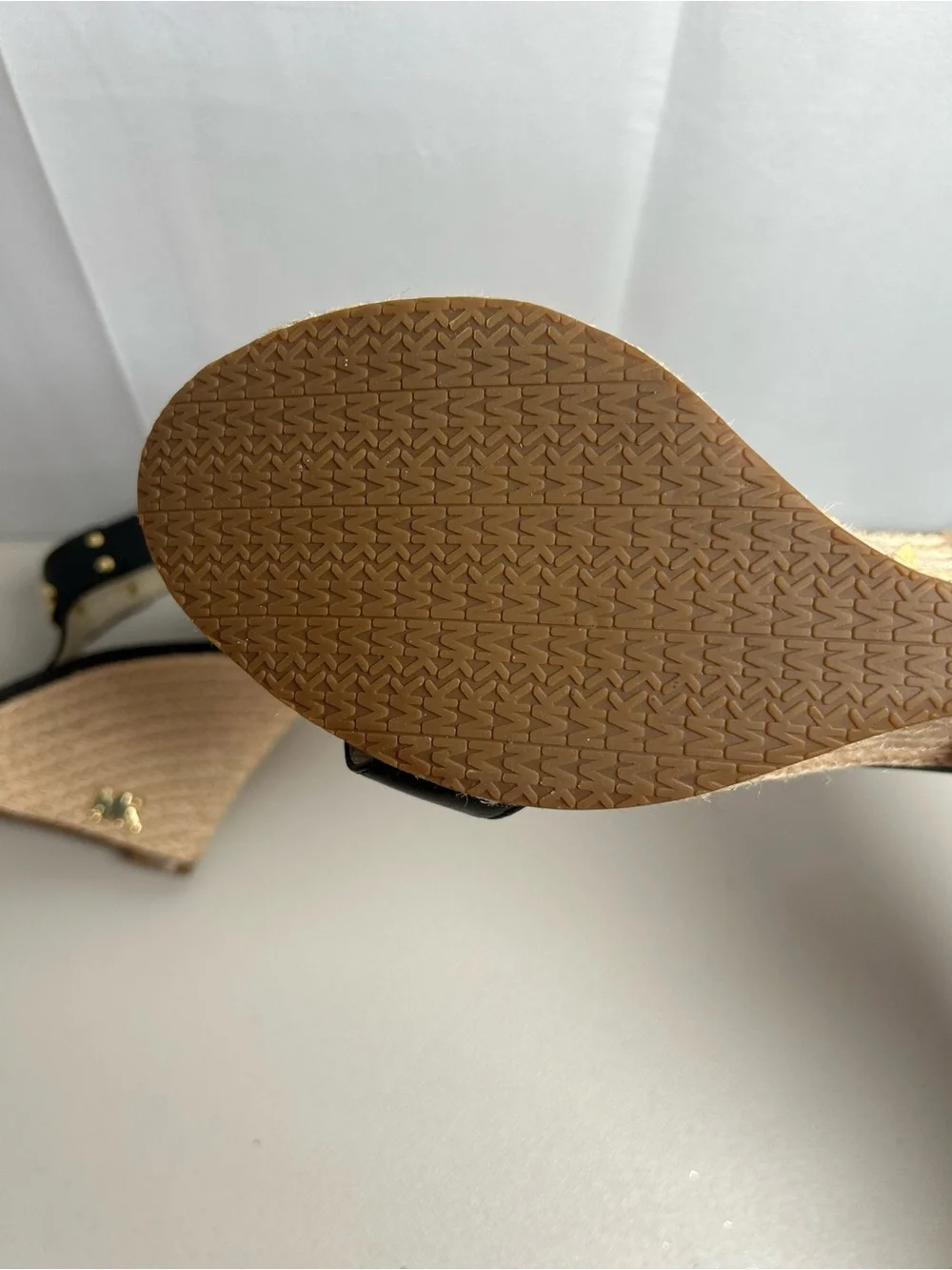 Michael Kors Black Leather Wedge Sandals with Gold Accent In 9M